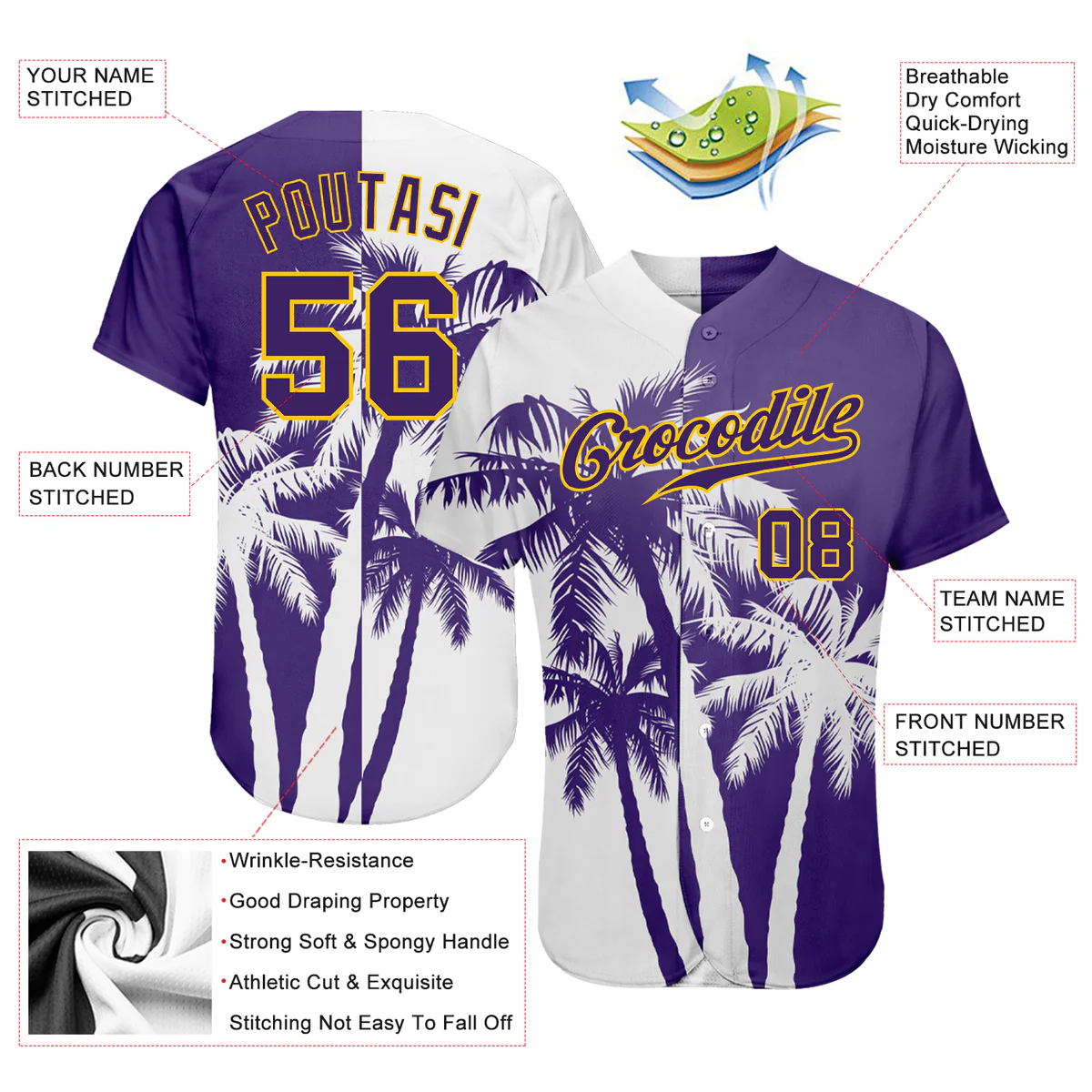 Personalized Purple White Hawaii Coconut Trees Custom Name Number Sublimation Uniform - Image 4
