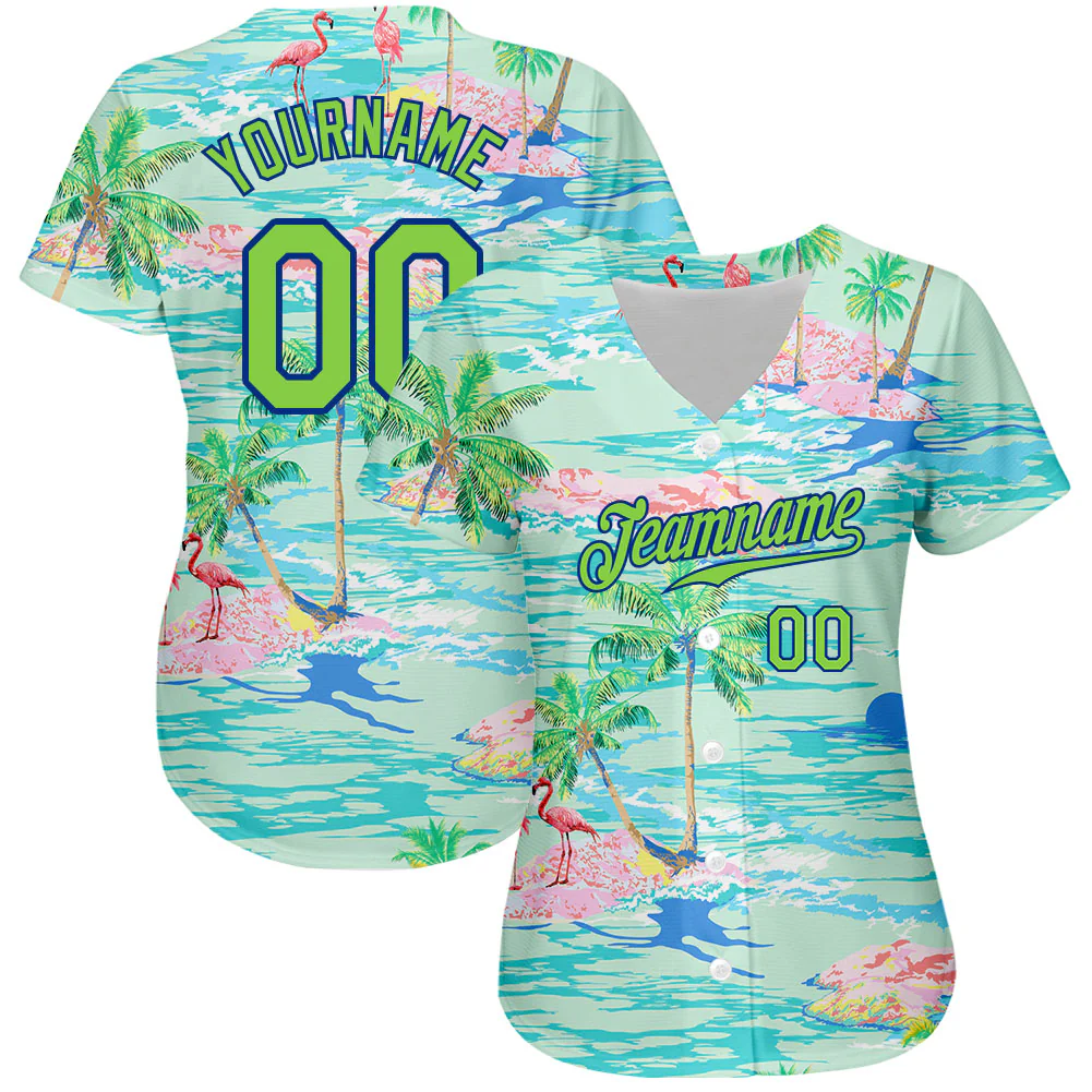 Personalized Blue Neon Green Beach Hawaii Palm Trees And Flamingo Custom Name Number Sublimation Uniform - Image 3