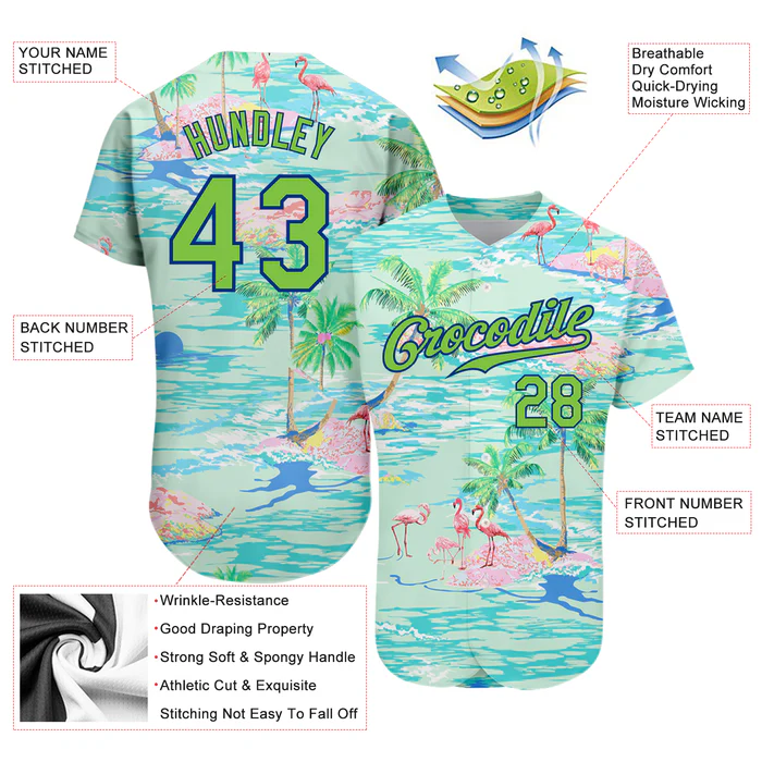 Personalized Blue Neon Green Beach Hawaii Palm Trees And Flamingo Custom Name Number Sublimation Uniform - Image 4