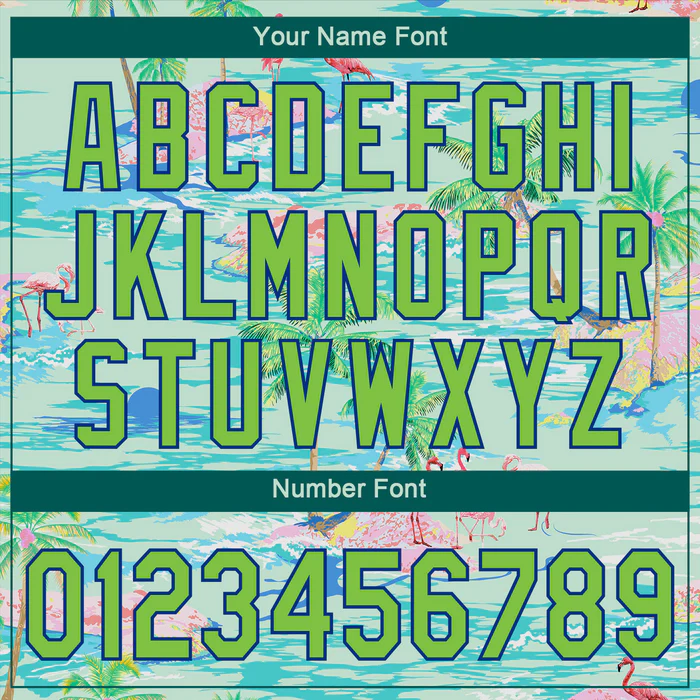 Personalized Blue Neon Green Beach Hawaii Palm Trees And Flamingo Custom Name Number Sublimation Uniform - Image 5