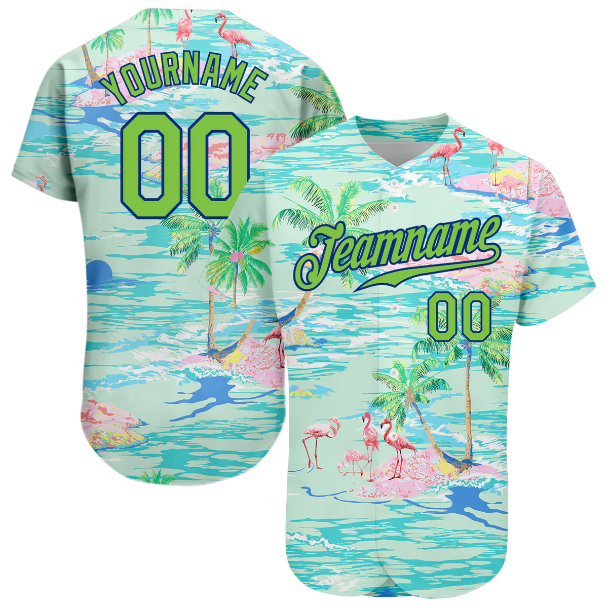 Personalized Blue Neon Green Beach Hawaii Palm Trees And Flamingo Custom Name Number Sublimation Uniform - Image 2
