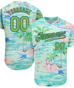Personalized Blue Neon Green Beach Hawaii Palm Trees And Flamingo Custom Name Number Sublimation Uniform