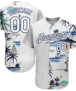 Personalized White Navy 3D Pattern Design Hawaii Palm Trees Island And Sailboat Custom Name Number Sublimation Uniform