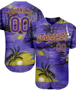 Personalized Neon Purple Hawaii Palm Trees And Beach Sunrise Custom Name Number Sublimation Uniform