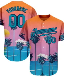 Personalized Orange Teal-Navy Sun Beach Hawaii Palm Trees Custom Name Number Sublimation Uniform
