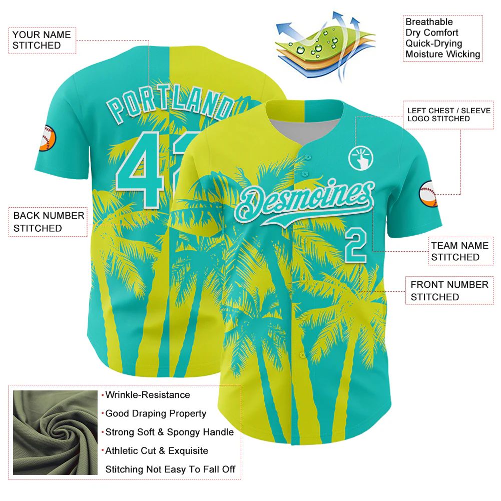 Personalized Aqua Neon Yellow Hawaii Palm Trees Tropical Coconut Custom Name Number Sublimation Uniform - Image 4