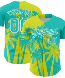 Personalized Aqua Neon Yellow Hawaii Palm Trees Tropical Coconut Custom Name Number Sublimation Uniform