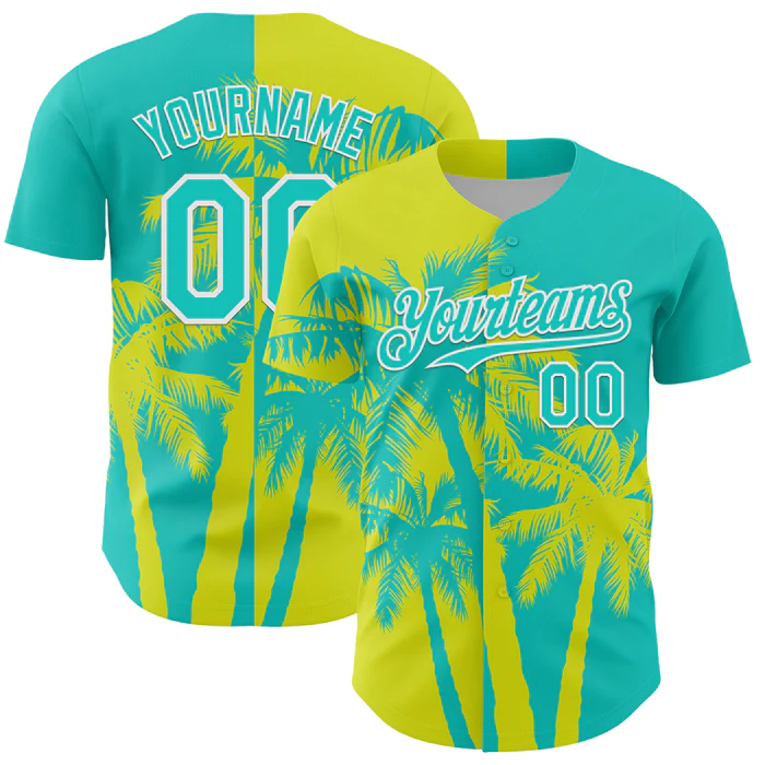 Personalized Aqua Neon Yellow Hawaii Palm Trees Tropical Coconut Custom Name Number Sublimation Uniform