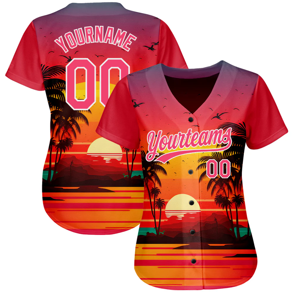 Personalized Neon Pink Hawaii Palm Trees And Beach Sunrise Custom Name Number Sublimation Uniform - Image 3