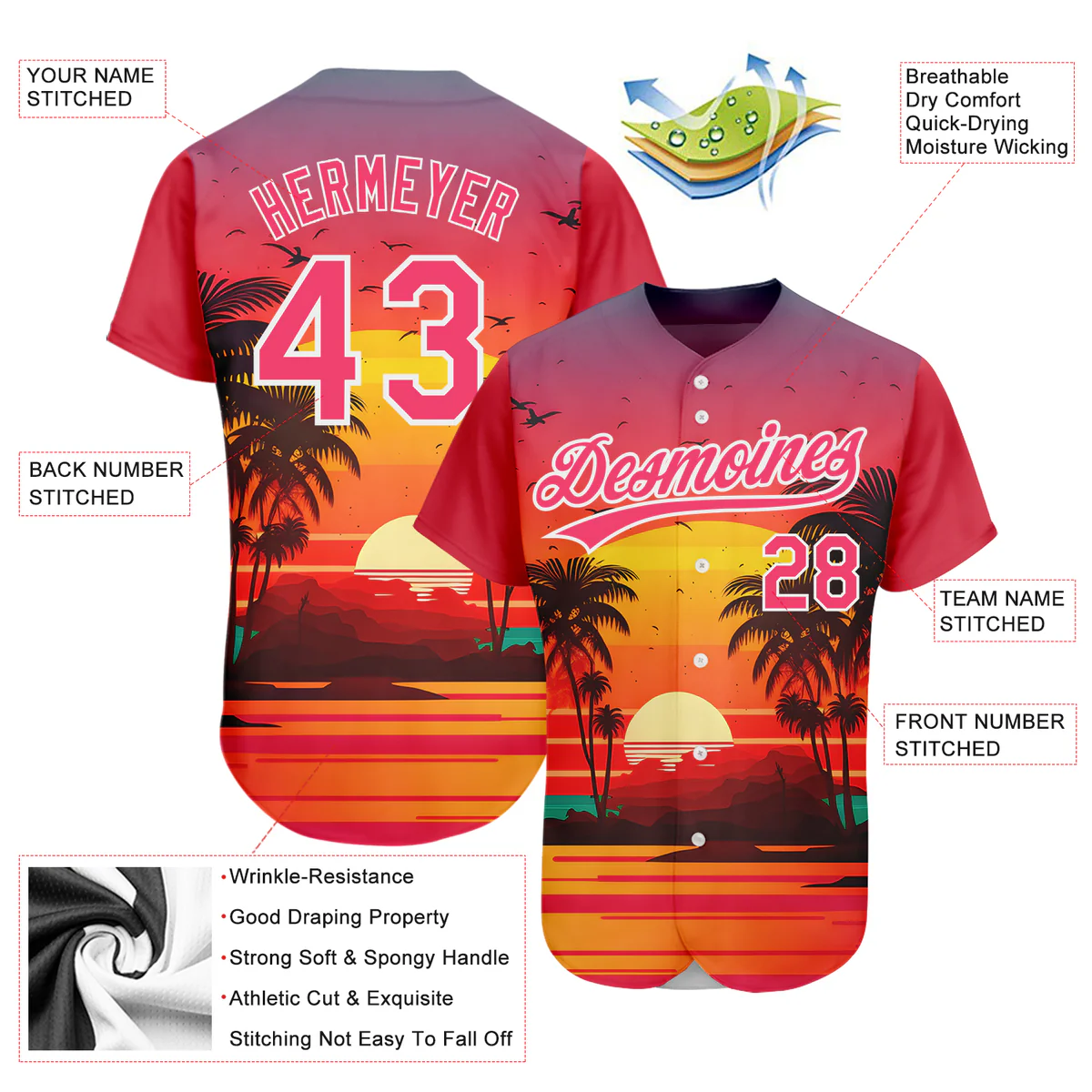 Personalized Neon Pink Hawaii Palm Trees And Beach Sunrise Custom Name Number Sublimation Uniform - Image 4