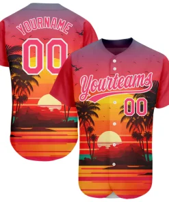 Personalized Neon Pink Hawaii Palm Trees And Beach Sunrise Custom Name Number Sublimation Uniform