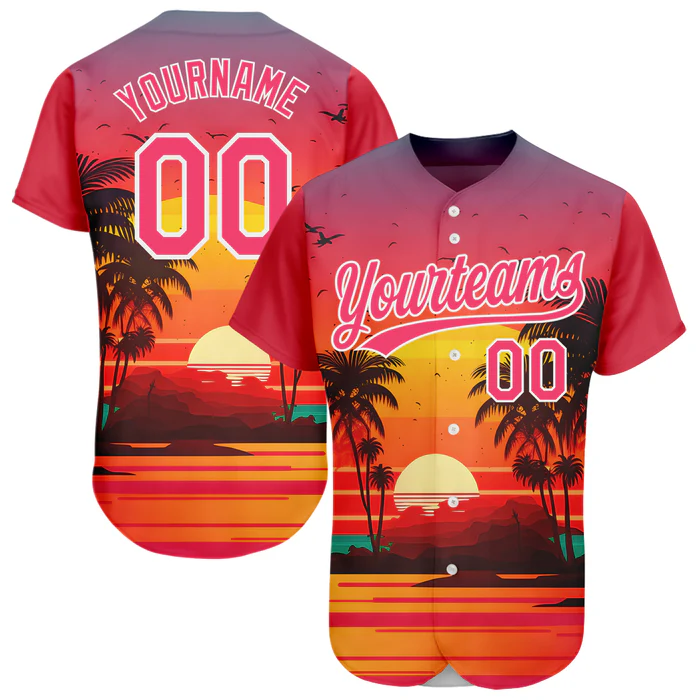 Personalized Neon Pink Hawaii Palm Trees And Beach Sunrise Custom Name Number Sublimation Uniform