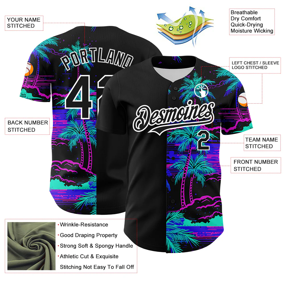 Personalized Black Neon 3D Pattern Design Beach Hawaii Palm Trees Custom Name Number Sublimation Uniform - Image 4