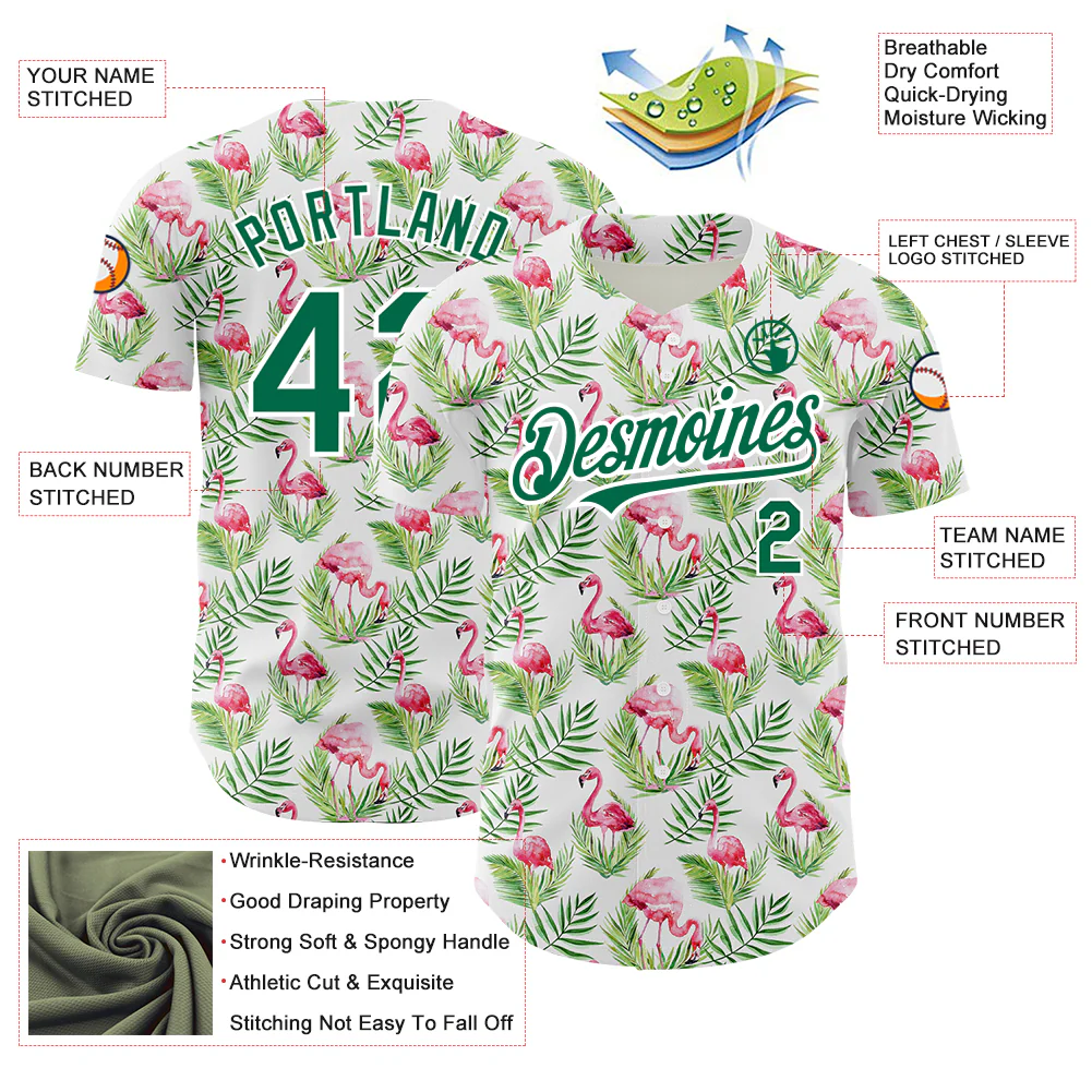 Personalized White Kelly Green Tropical Hawaii Palm Leaves And Flamingo Custom Name Number Sublimation Uniform - Image 4