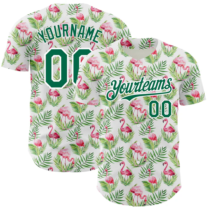 Personalized White Kelly Green Tropical Hawaii Palm Leaves And Flamingo Custom Name Number Sublimation Uniform - Image 2