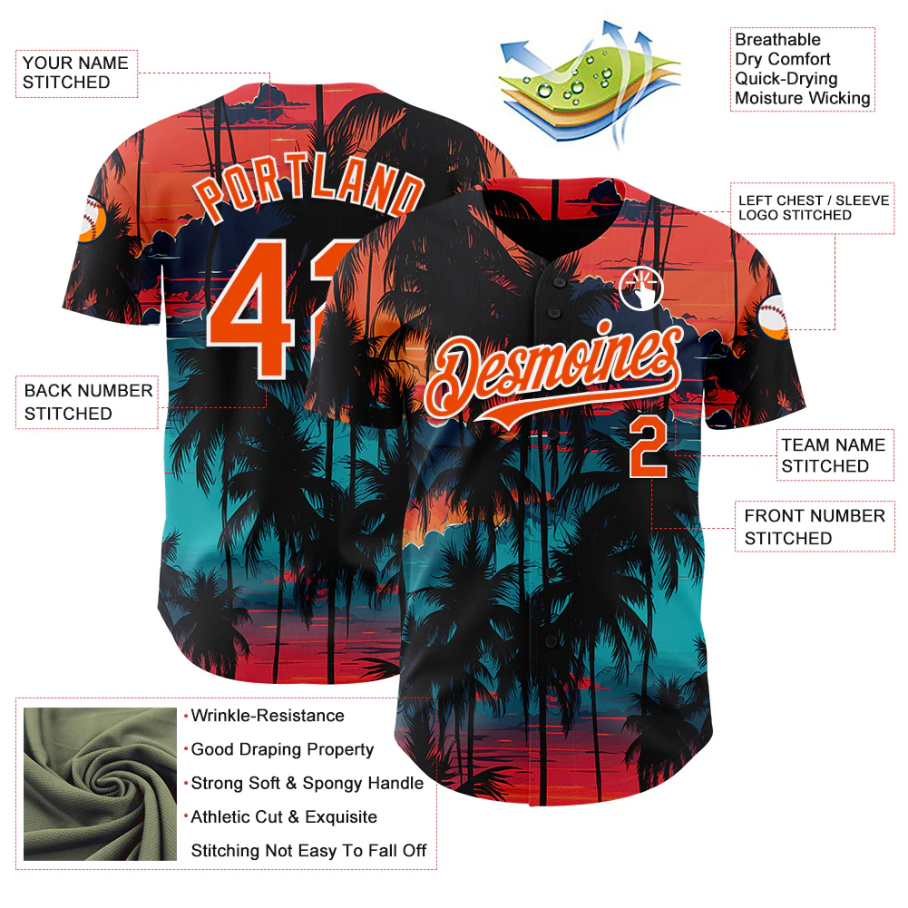 Personalized Black Orange 3D Pattern Design Tropical Hawaii Palms Trees Custom Name Number Sublimation Uniform - Image 4