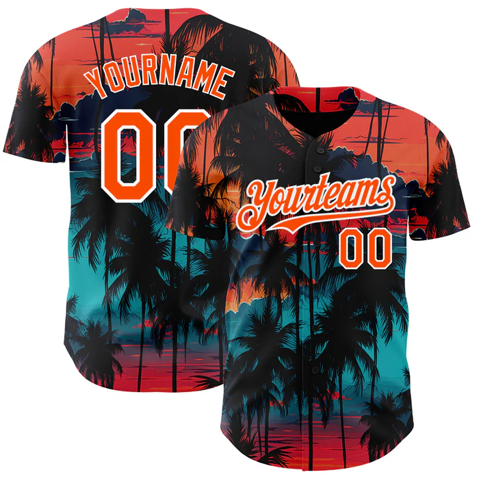 Personalized Black Orange 3D Pattern Design Tropical Hawaii Palms Trees Custom Name Number Sublimation Uniform - Image 2