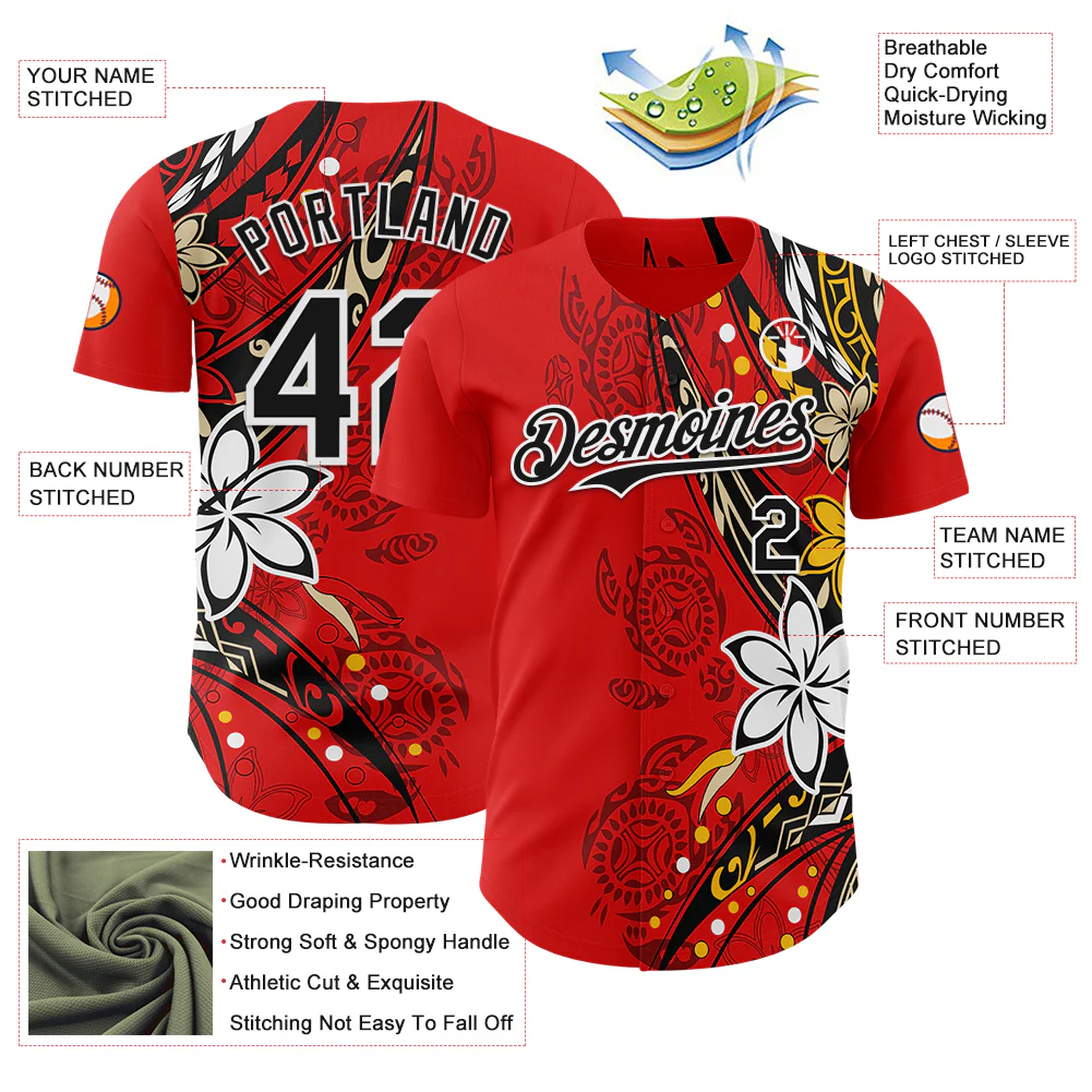 Personalized Red Black White 3D Hawaii Flower Custom Name Number Sublimation Uniform - Image 4