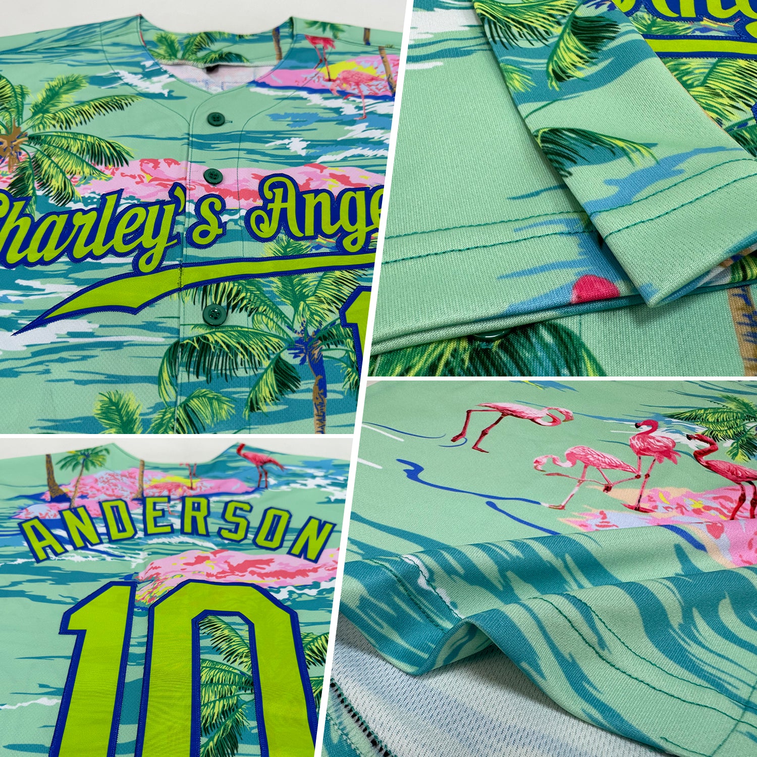 Personalized Blue Neon Green Beach Hawaii Palm Trees And Flamingo Custom Name Number Sublimation Uniform - Image 7