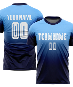 Custom Soccer Jersey Light Blue Navy Fade Gradient – Personalized Name & Number Sublimated Uniform