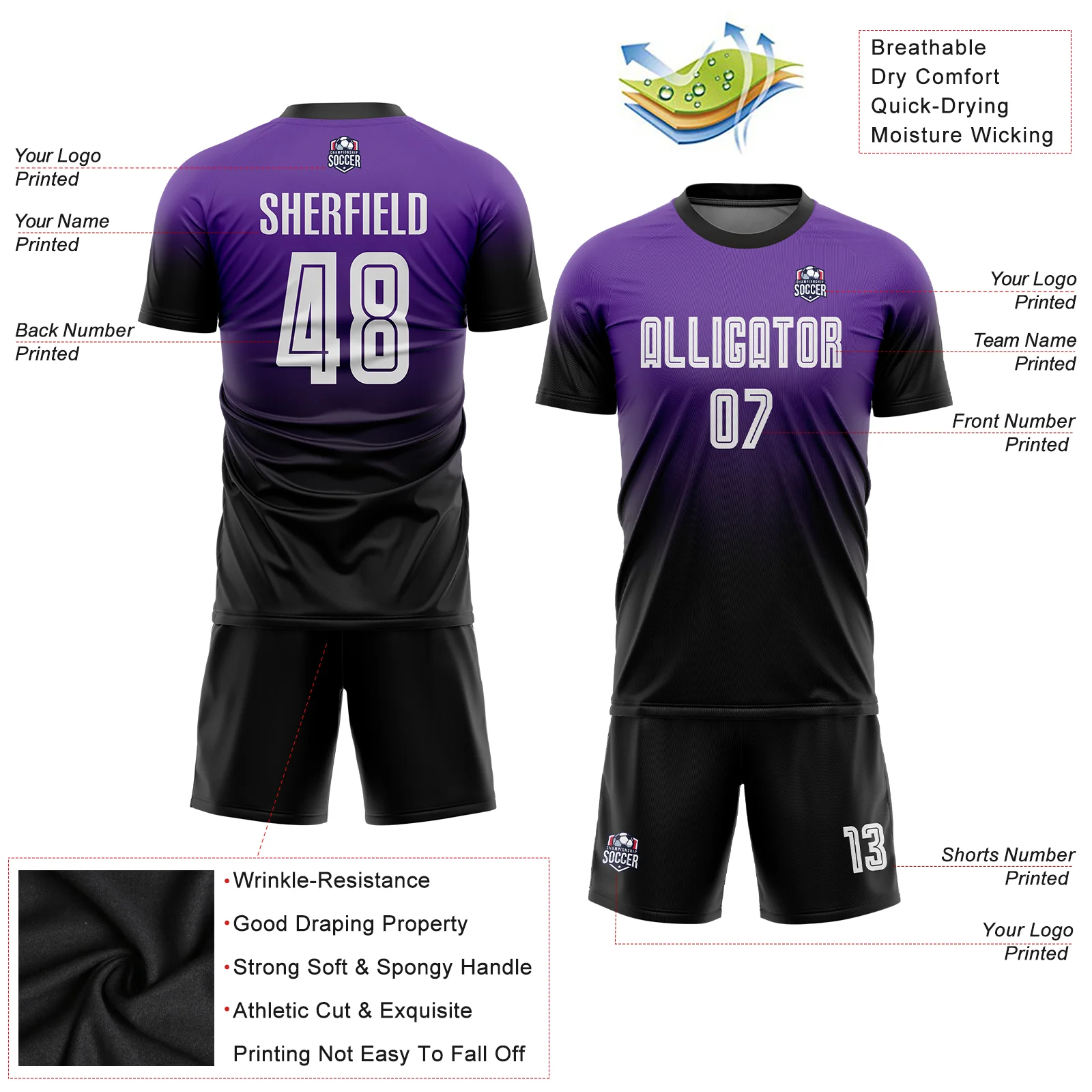 Custom Soccer Jersey Purple Black Fade Gradient – Personalized Name & Number Sublimated Uniform - Image 6