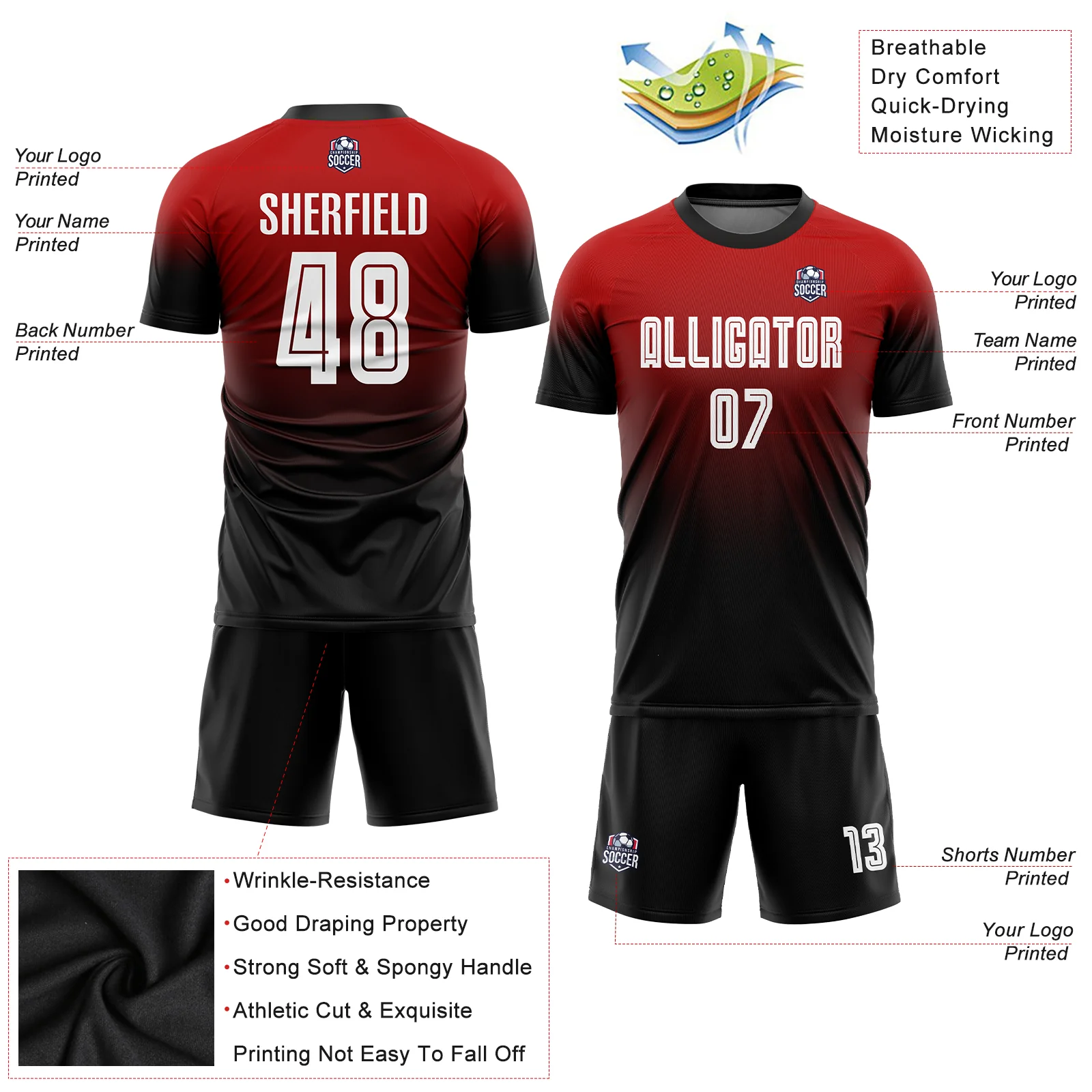 Custom Soccer Jersey Red Black Fade Gradient – Personalized Name & Number Sublimated Uniform - Image 6