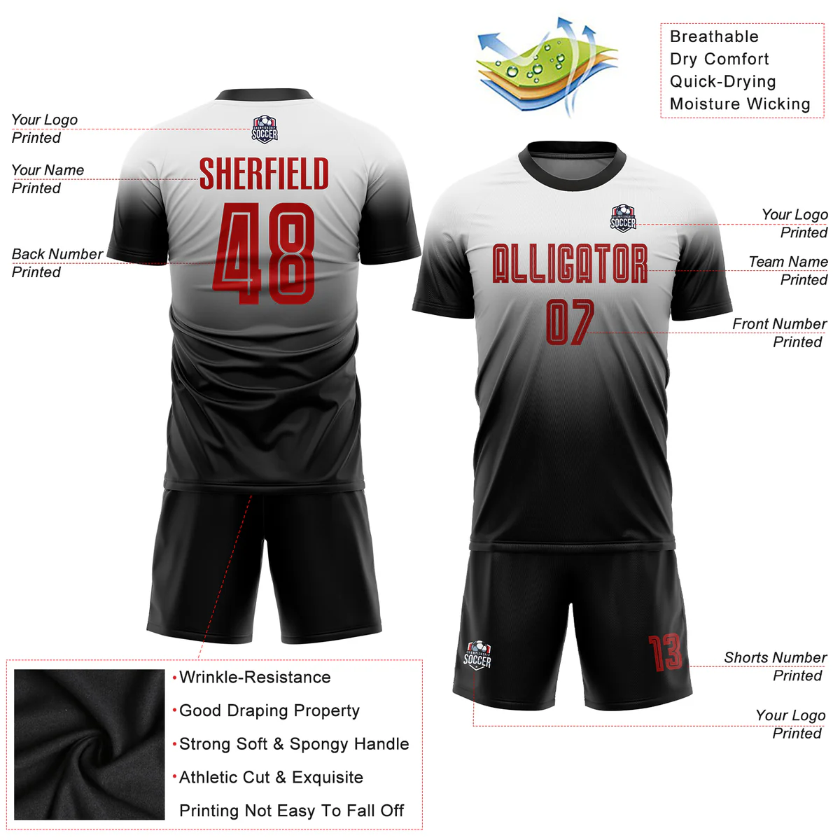 Personalized Soccer Jersey Black Crimson Fade Gradient Custom Name and Number Sublimation Uniform - Image 4