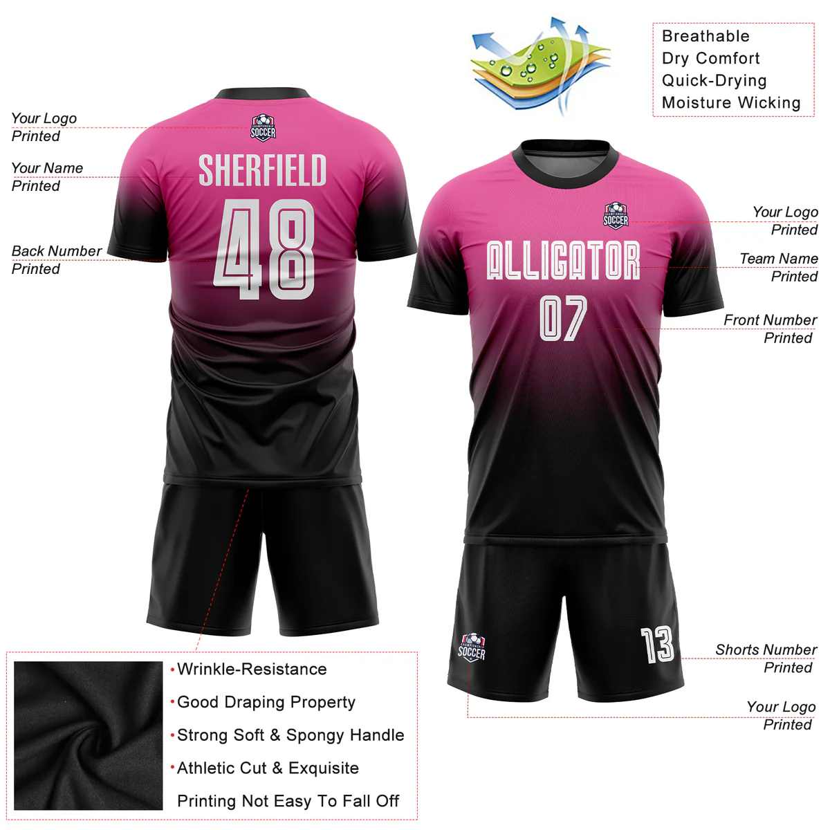 Custom Soccer Jersey Pink Black Fade Gradient – Personalized Name & Number Sublimated Uniform - Image 6