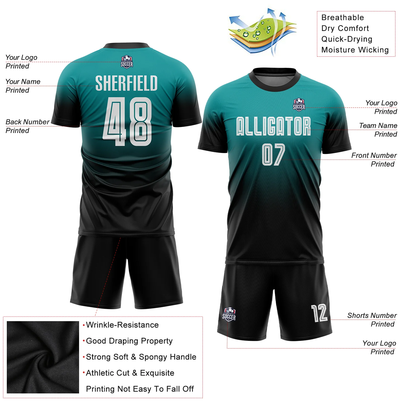 Personalized Soccer Jersey Teal Black Fade Gradient Custom Name and Number Sublimation Uniform - Image 6