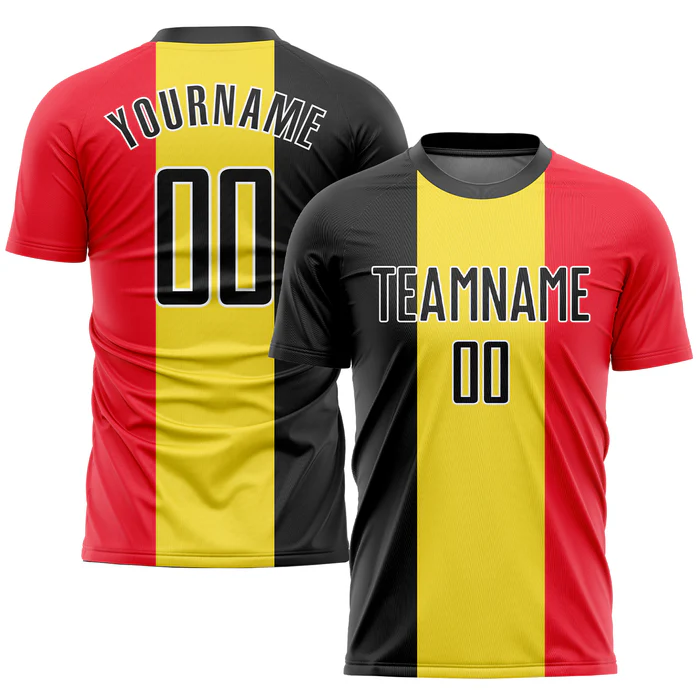 Personalized Soccer Jersey Gold Black Red Sublimation Belgian Flag Custom Name and Number Uniform - Image 2