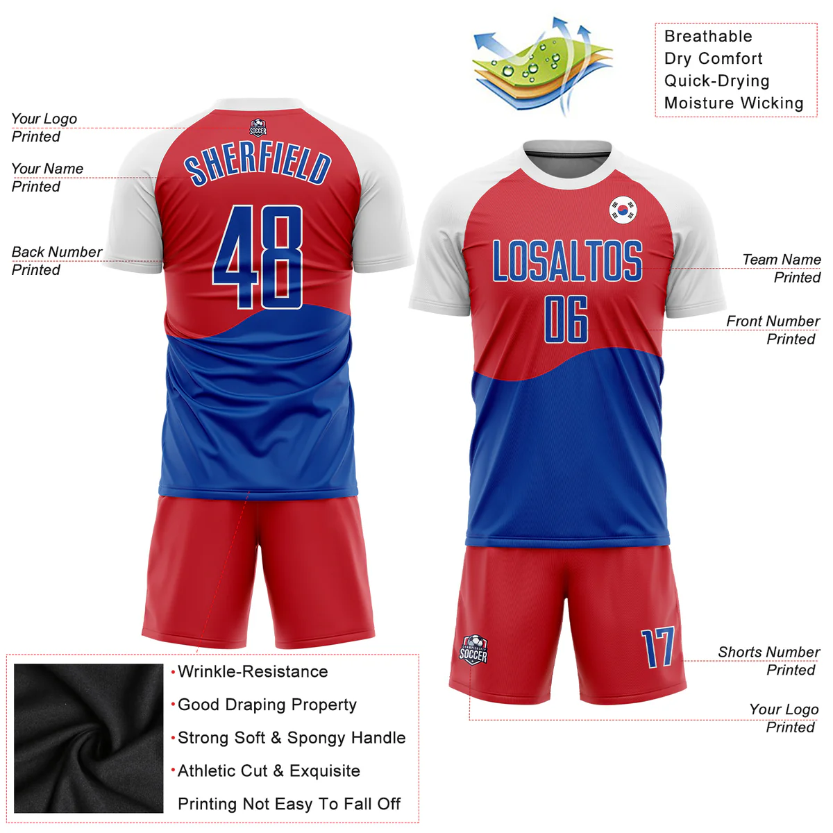 Personalized Soccer Jersey Red Royal White Sublimation South Korean Flag Custom Name and Number Uniform - Image 4