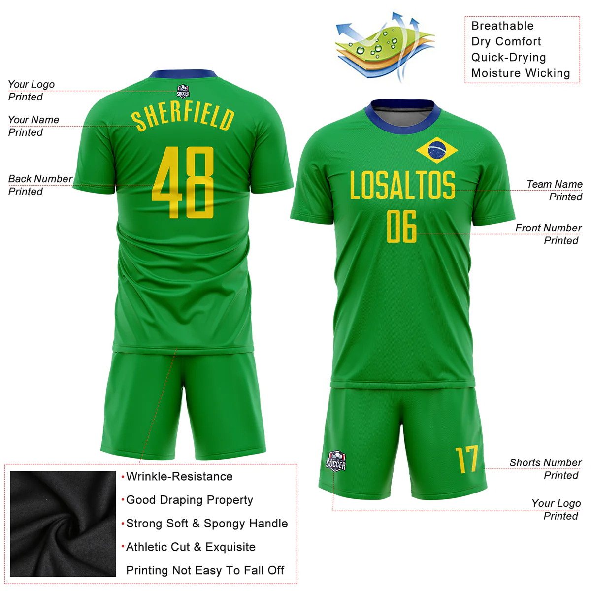 Personalized Soccer Jersey Kelly Green Yellow Brazilian Flag Custom Name Number Sublimation Uniform - Image 6