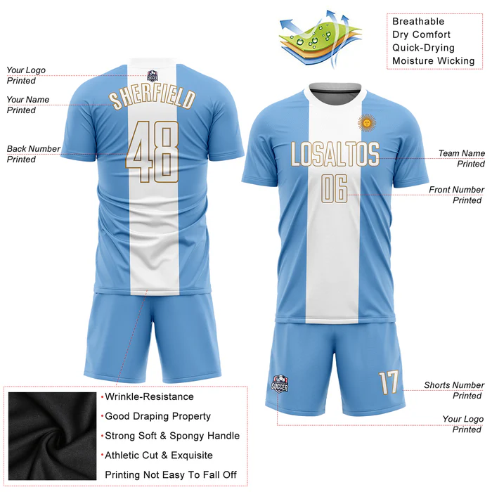 Personalized Soccer Jersey Light Blue White Argentinian Flag Custom Name Number Sublimation Uniform - Image 6