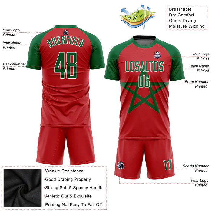Personalized Soccer Jersey Kelly Green Red Moroccan Flag Custom Name Number Sublimation Uniform - Image 4