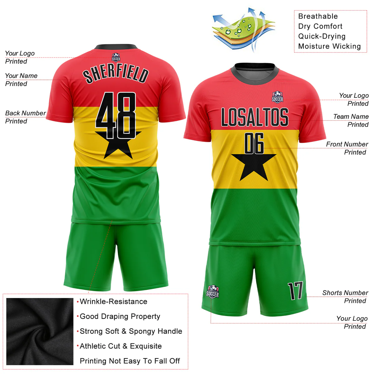 Personalized Soccer Jersey Red Gold Green Sublimation Ghanaian Flag Custom Name Number Uniform - Image 4