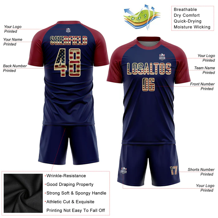 Personalized Soccer Jersey Crimson Vintage USA Flag Navy-Cream Custom Name Number Uniform - Image 4