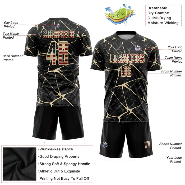 Personalized Soccer Jersey Black Vintage USA Flag City Cream Custom Name Number Uniform - Image 4