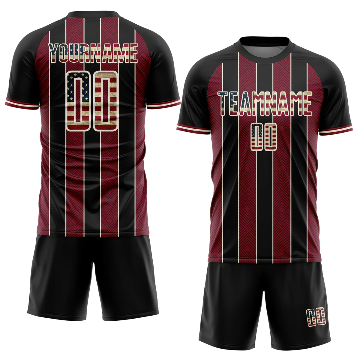 Personalized Soccer Jersey Black Vintage USA Flag Crimson Pinstripe Line Custom Name Number Uniform - Image 3