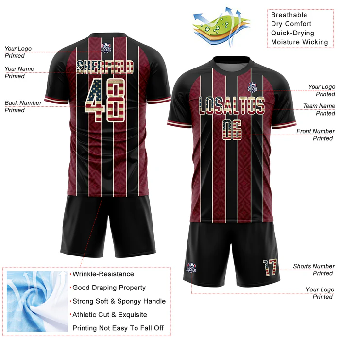 Personalized Soccer Jersey Black Vintage USA Flag Crimson Pinstripe Line Custom Name Number Uniform - Image 4