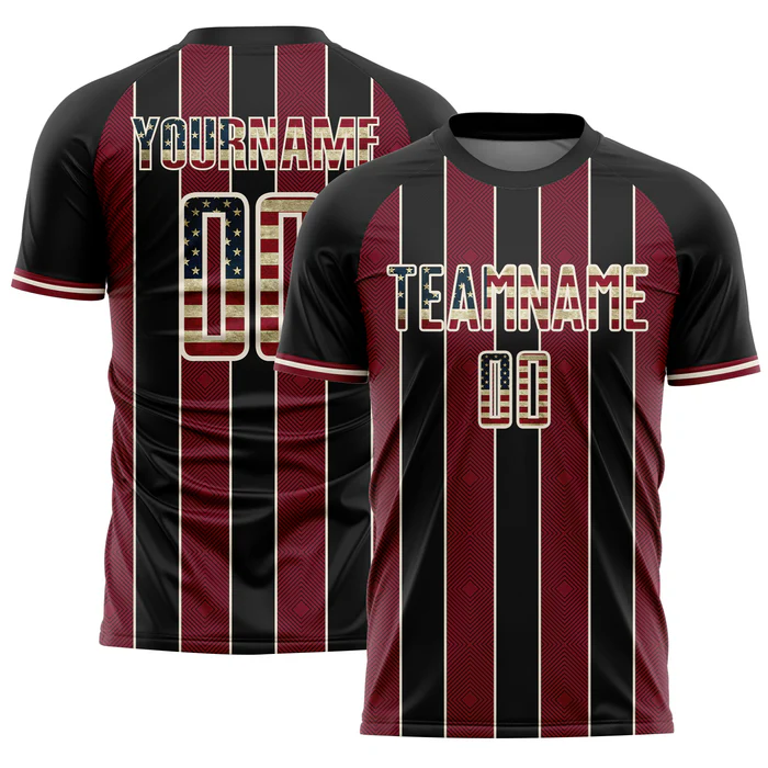 Personalized Soccer Jersey Black Vintage USA Flag Crimson Pinstripe Line Custom Name Number Uniform - Image 2