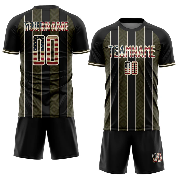Personalized Soccer Jersey Black Vintage USA Flag Olive Pinstripe Line Custom Name Number Uniform - Image 3