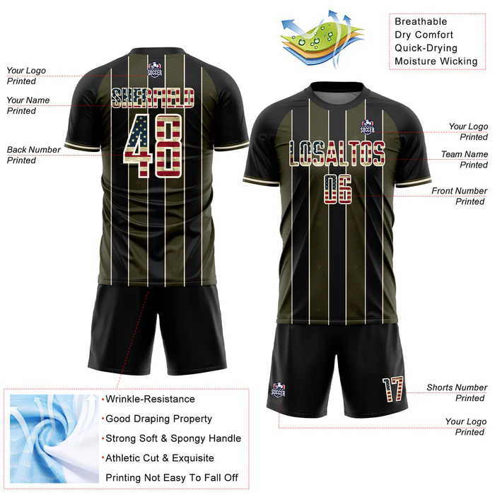 Personalized Soccer Jersey Black Vintage USA Flag Olive Pinstripe Line Custom Name Number Uniform - Image 4