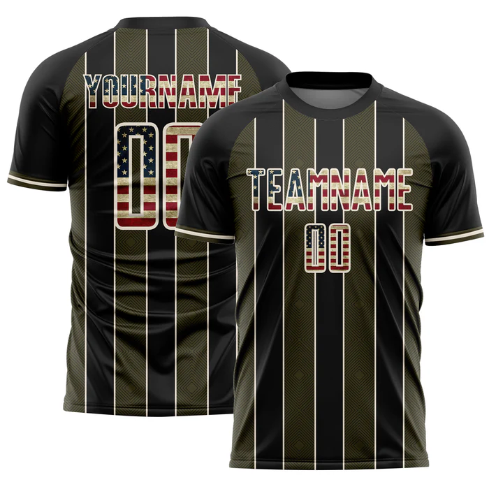 Personalized Soccer Jersey Black Vintage USA Flag Olive Pinstripe Line Custom Name Number Uniform - Image 2