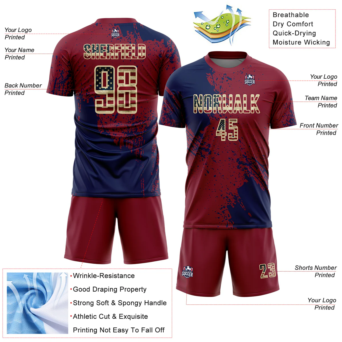 Personalized Soccer Jersey Crimson Vintage USA Flag Navy Cream Abstract Brush Stroke Custom Uniform - Image 4