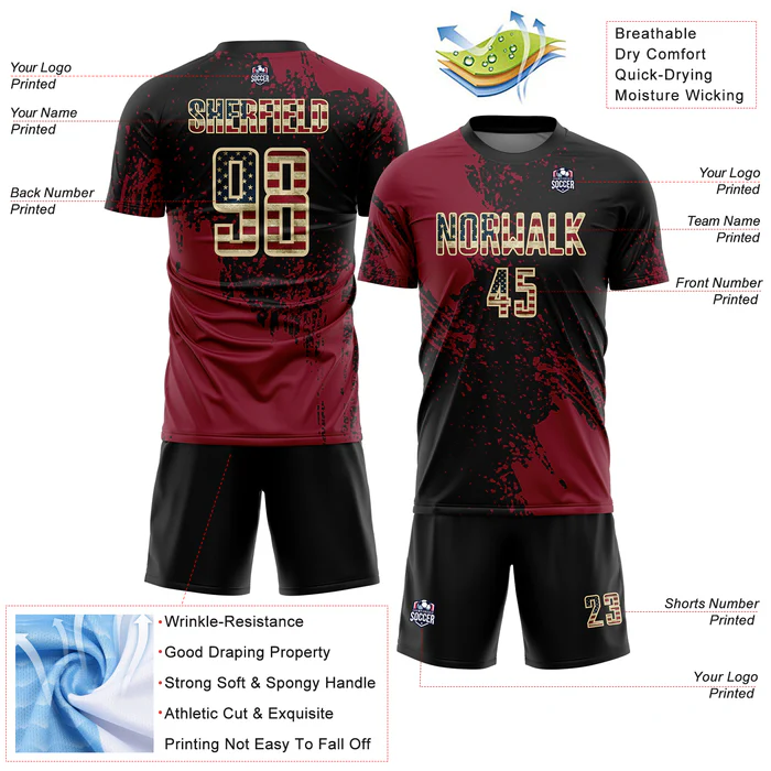 Personalized Soccer Jersey Black Vintage USA Flag Crimson Cream Abstract Brush Stroke Custom Uniform - Image 4