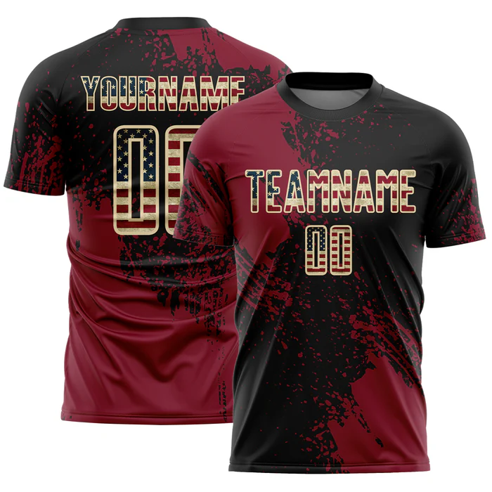 Personalized Soccer Jersey Black Vintage USA Flag Crimson Cream Abstract Brush Stroke Custom Uniform
