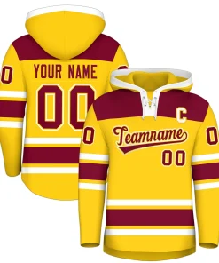 Custom Hockey Hoodie Jersey Gold Crimson Raglan Sleeves Lace-Up Neck Personalized Jersey for Men & Youth