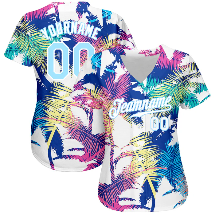 Personalized White Light Blue 3D Pattern Design Hawaii Palm Trees Custom Name Number Sublimation Uniform - Image 3
