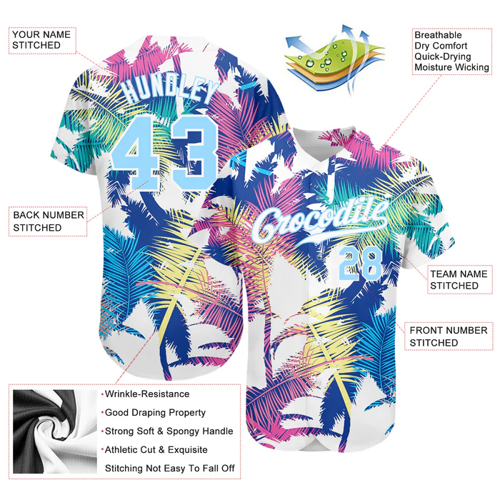 Personalized White Light Blue 3D Pattern Design Hawaii Palm Trees Custom Name Number Sublimation Uniform - Image 4