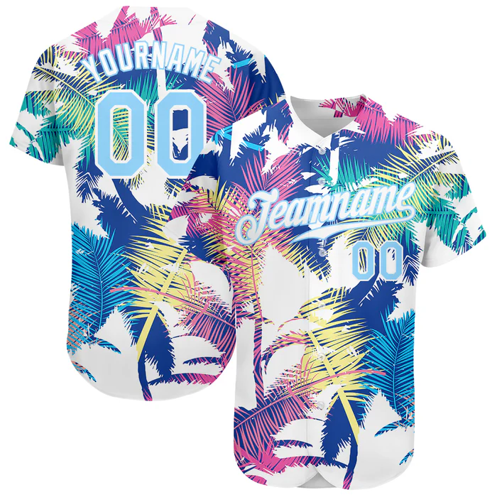 Personalized White Light Blue 3D Pattern Design Hawaii Palm Trees Custom Name Number Sublimation Uniform - Image 2
